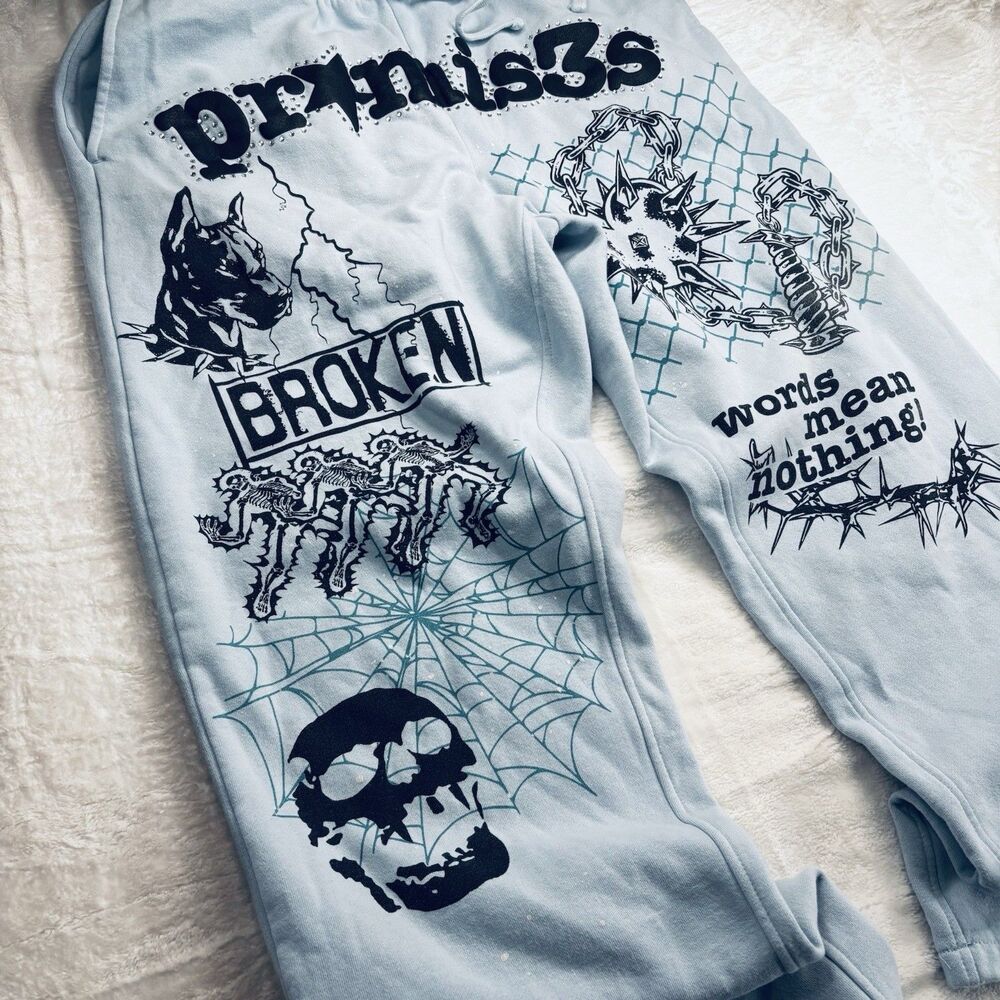 Broken Promises Pain & Pleasure Blue Rhinestone Sweatpants S Cyber Y2K Mall Goth
